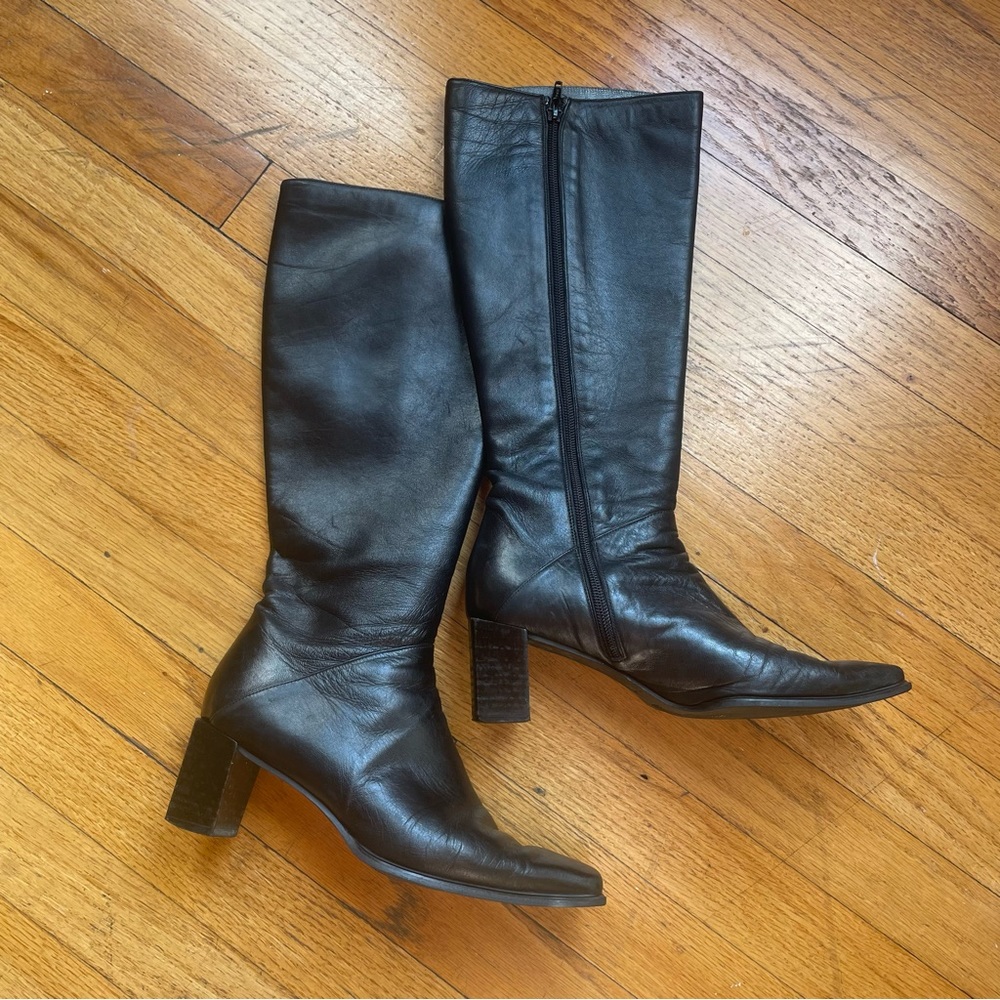 Stuart Weitzman Tall Black Leather Square Toe Heeled Boots Size 6.5